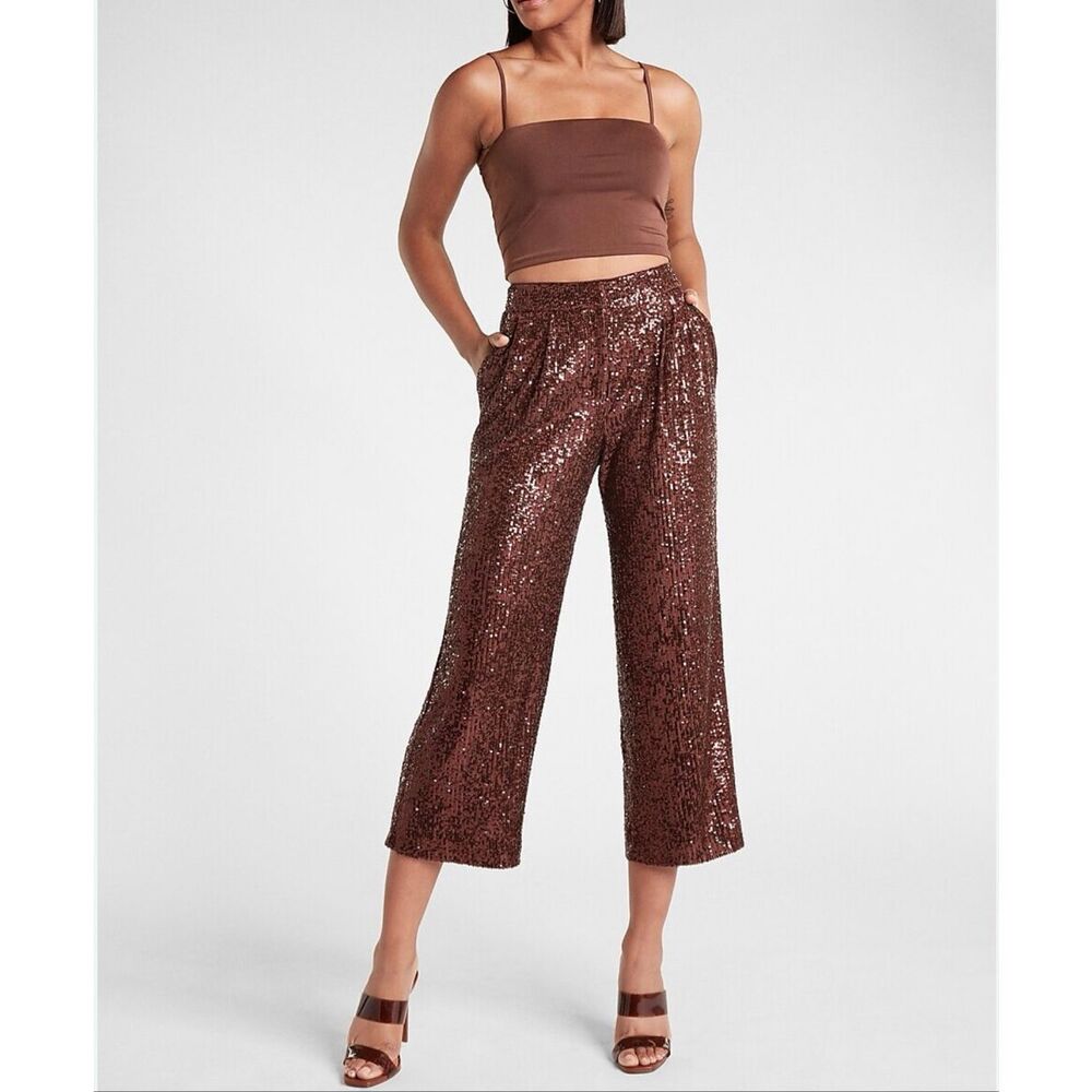 Express high waisted sequin chocolate brown trousers